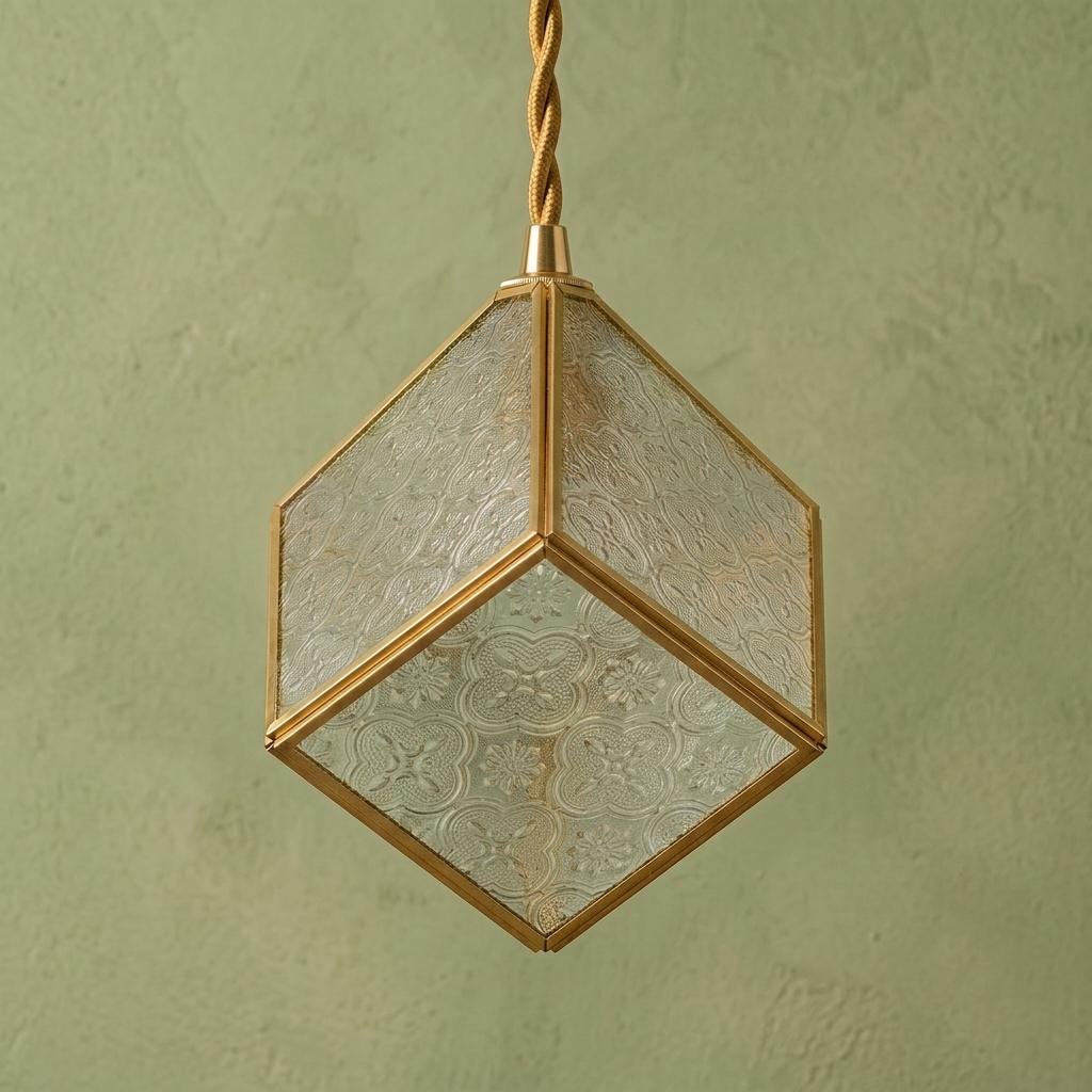 Handmade Faceted Cube Pendant Light with Clear Panels and Gold-Tone Frame - view 4