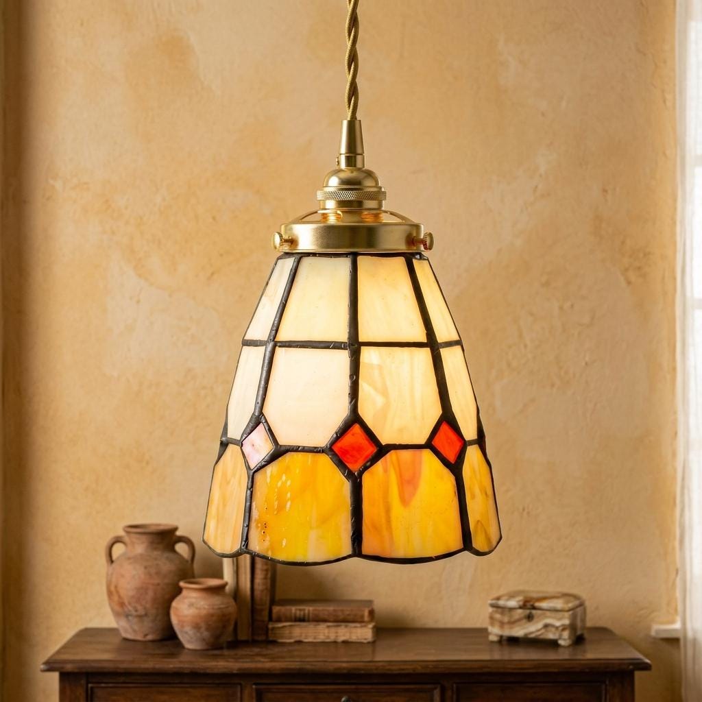 Handmade Cream and Yellow Faceted Bell Tiffany-Inspired Pendant Light - view 10