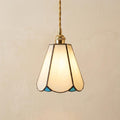Handmade Cream Petal Tiffany-Inspired Pendant Light with Blue Details and a Slender Bell Shape by AuroraeGlass
