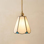 Handmade Cream Petal Tiffany-Inspired Pendant Light with Blue Details and a Slender Bell Shape by AuroraeGlass