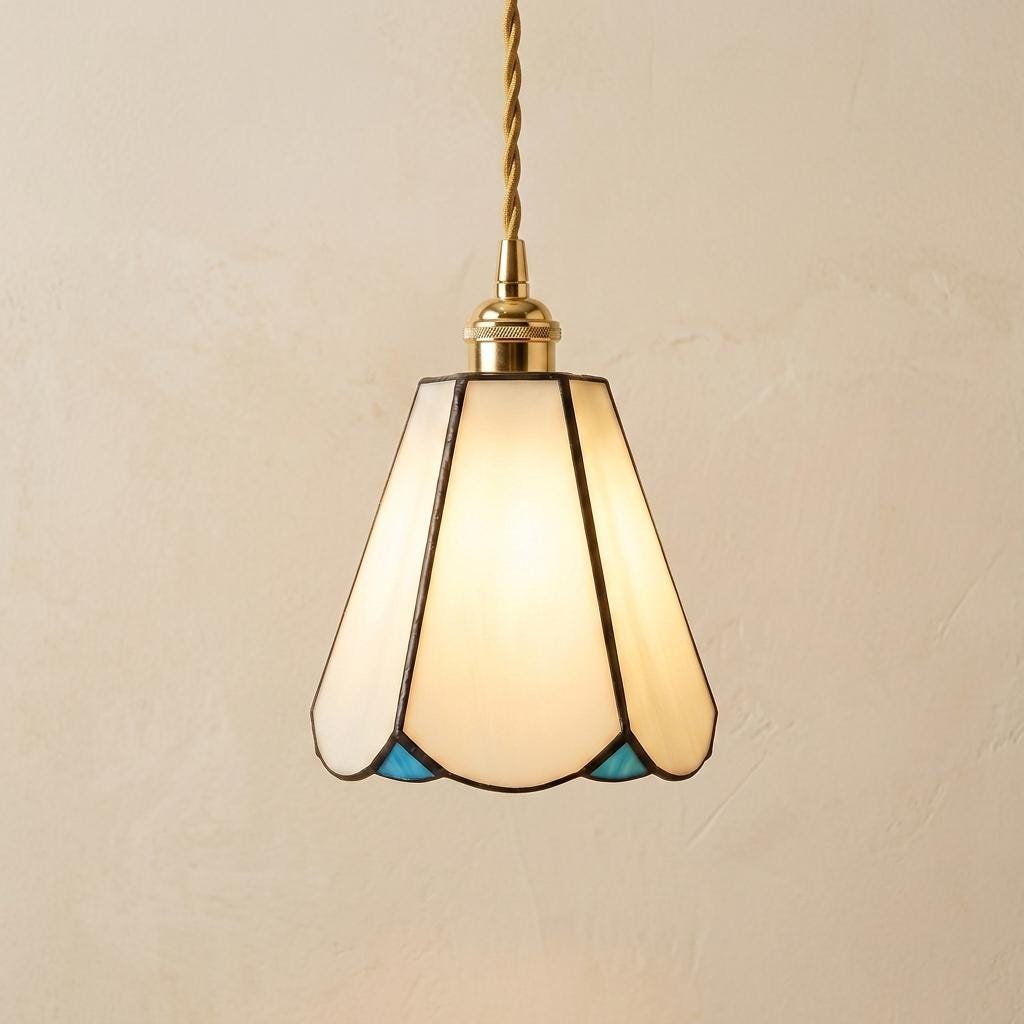 Handmade Cream Petal Tiffany-Inspired Pendant Light with Blue Details and a Slender Bell Shape by AuroraeGlass