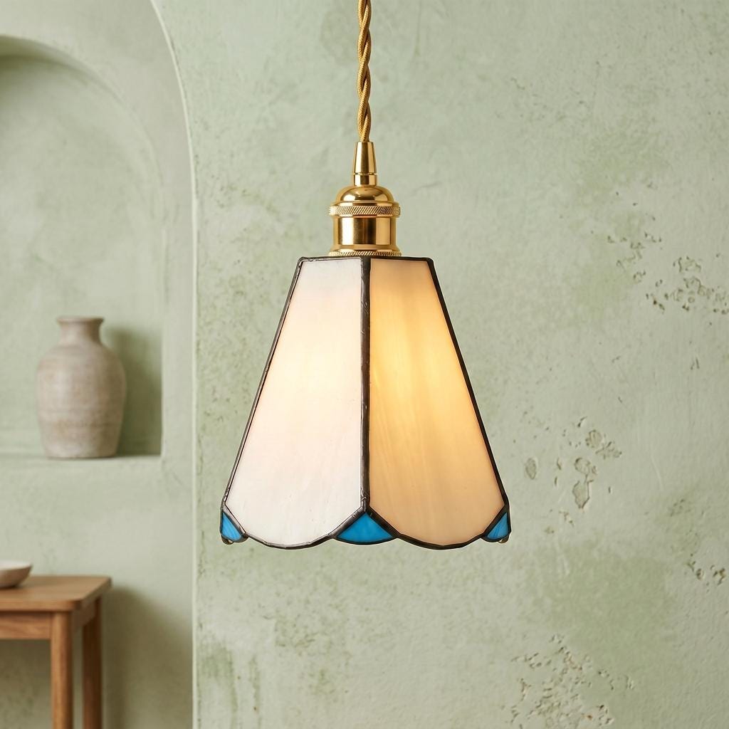 Handmade Cream Petal Tiffany-Inspired Pendant Light with Blue Details and a Slender Bell Shape - view 4