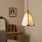 Handmade Cream Petal Tiffany-Inspired Pendant Light with Blue Details and a Slender Bell Shape - view 6