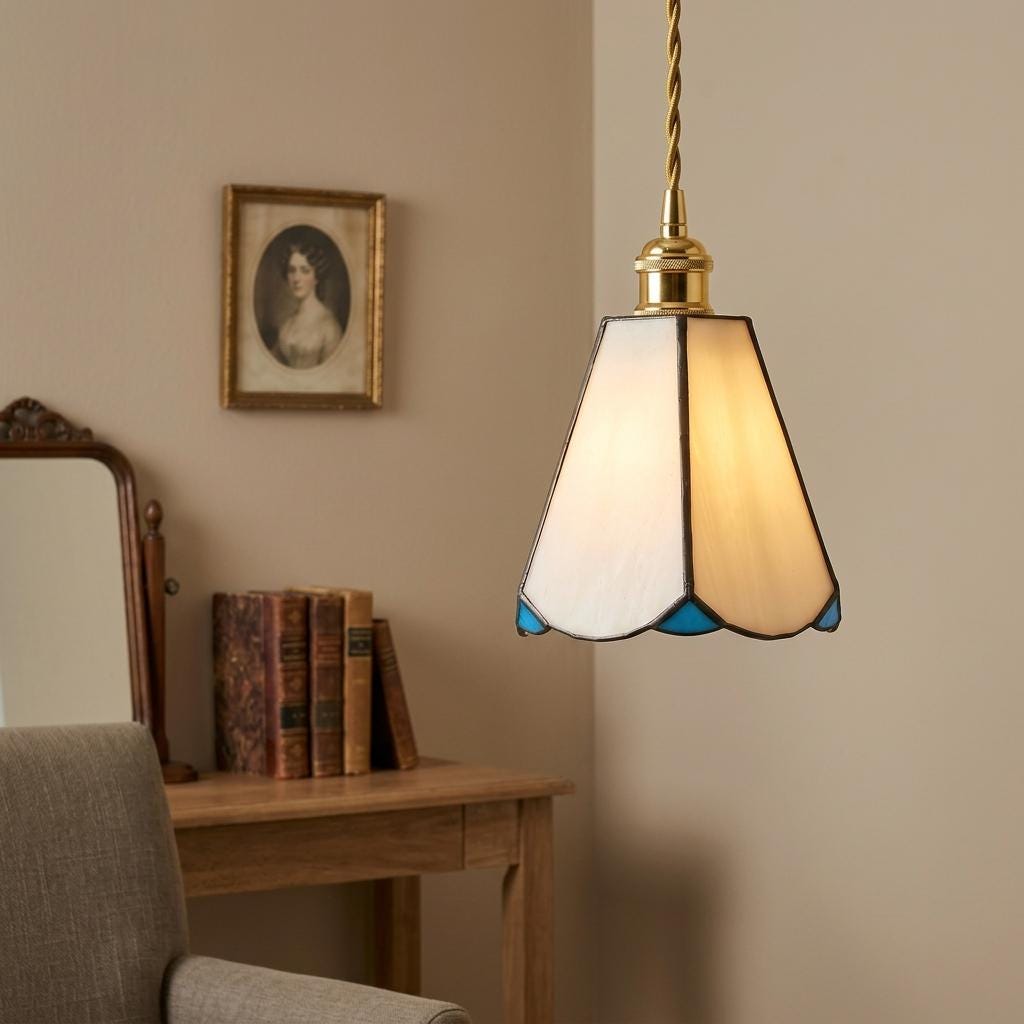 Handmade Cream Petal Tiffany-Inspired Pendant Light with Blue Details and a Slender Bell Shape - view 6