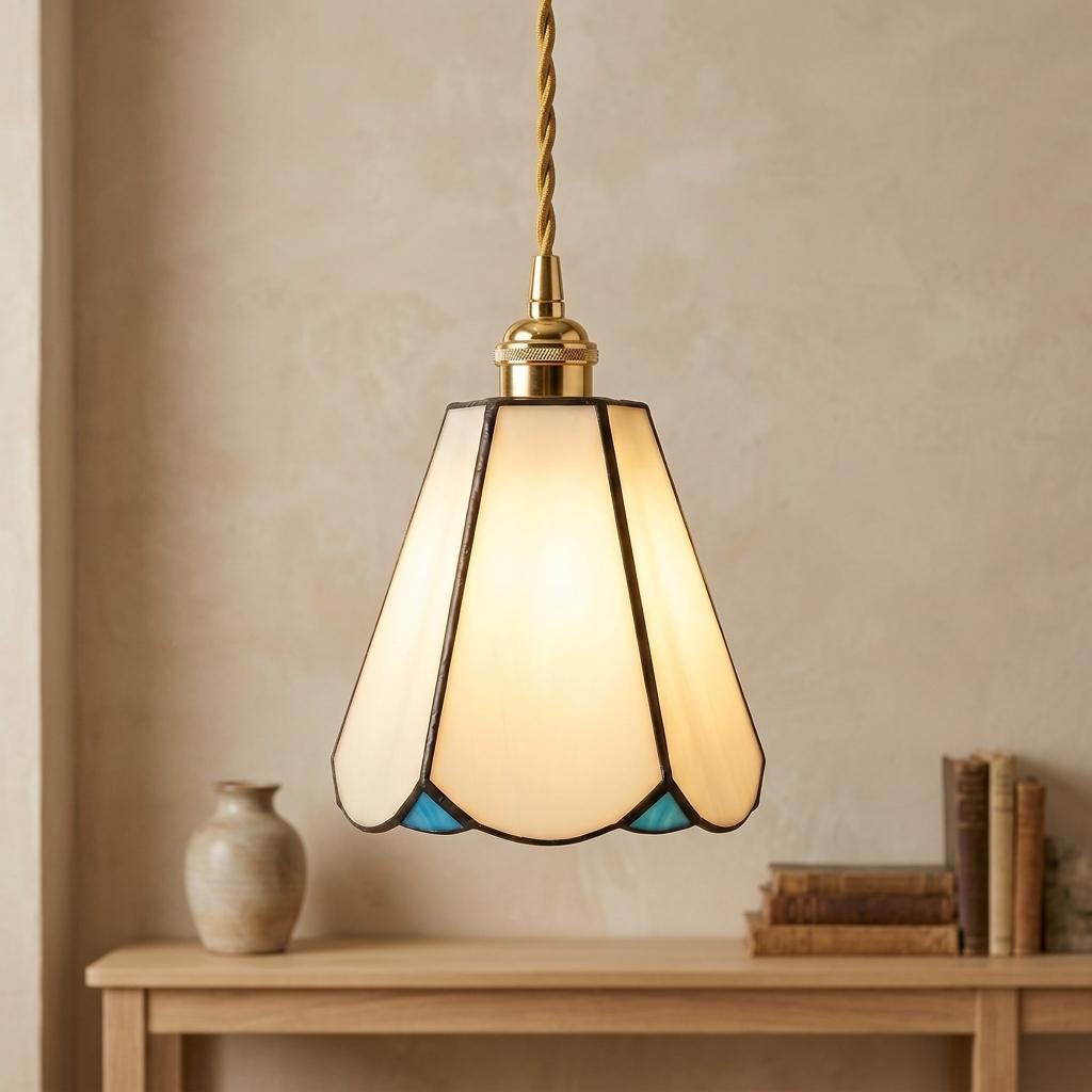 Handmade Cream Petal Tiffany-Inspired Pendant Light with Blue Details and a Slender Bell Shape - view 8