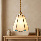 Handmade Cream Petal Tiffany-Inspired Pendant Light with Blue Details and a Slender Bell Shape - view 8