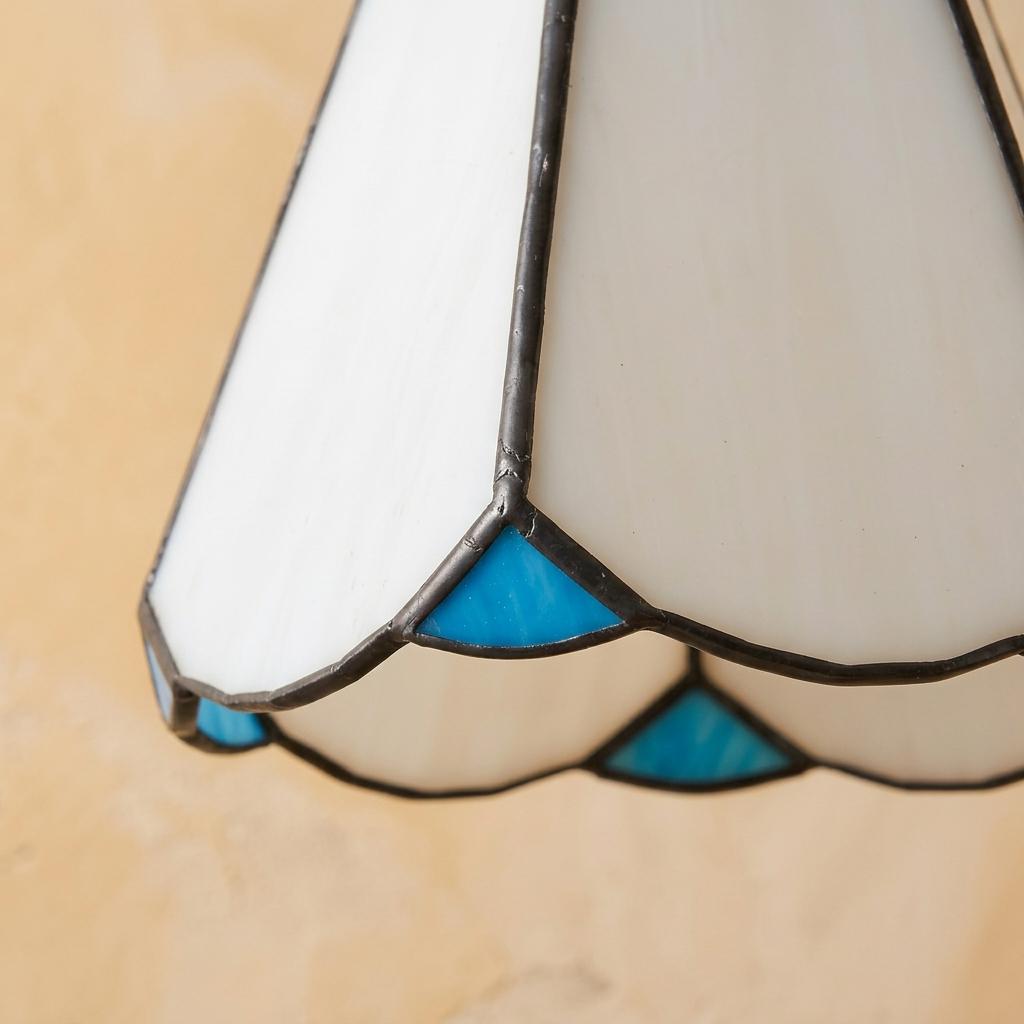 Handmade Cream Petal Tiffany-Inspired Pendant Light with Blue Details and a Slender Bell Shape - view 2