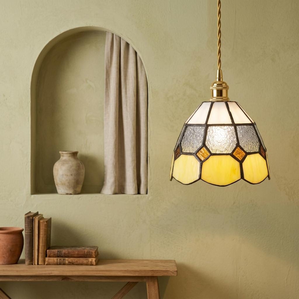 Handmade Cream and Yellow Tiffany-Inspired Pendant Light with Textured Gray Band - view 6