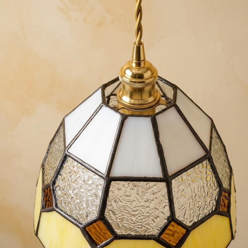 Handmade Cream and Yellow Tiffany-Inspired Pendant Light with Textured Gray Band - view 4