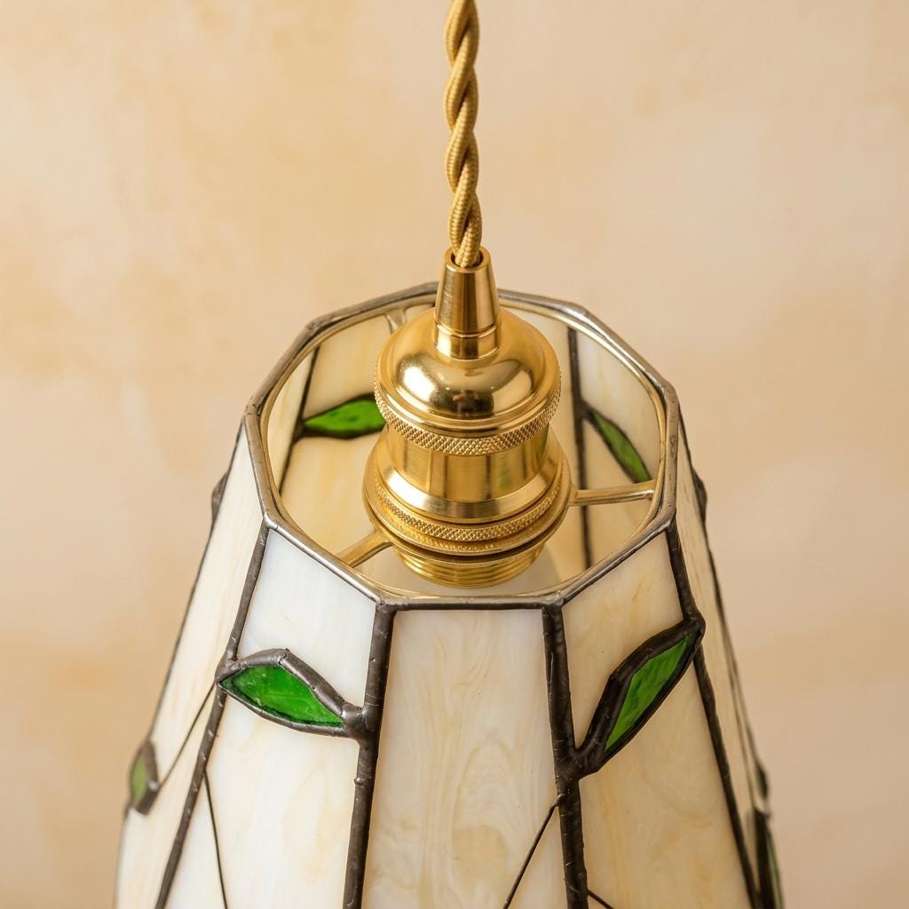 Handmade Cream Petal Tiffany-Inspired Pendant Light with Green Leaf Motifs - view 4
