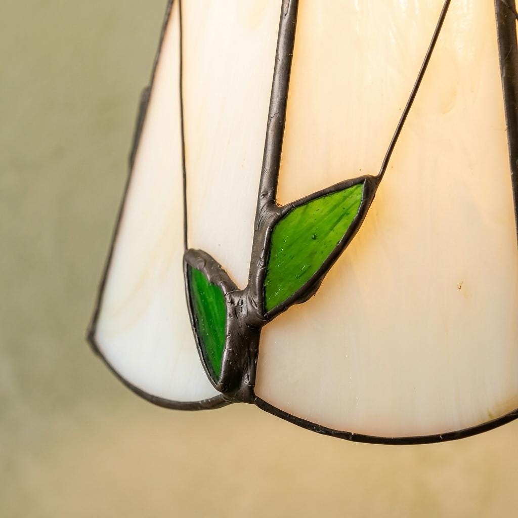 Handmade Cream Petal Tiffany-Inspired Pendant Light with Green Leaf Motifs - view 2