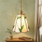 Handmade Cream Petal Tiffany-Inspired Pendant Light with Green Leaf Motifs - view 10