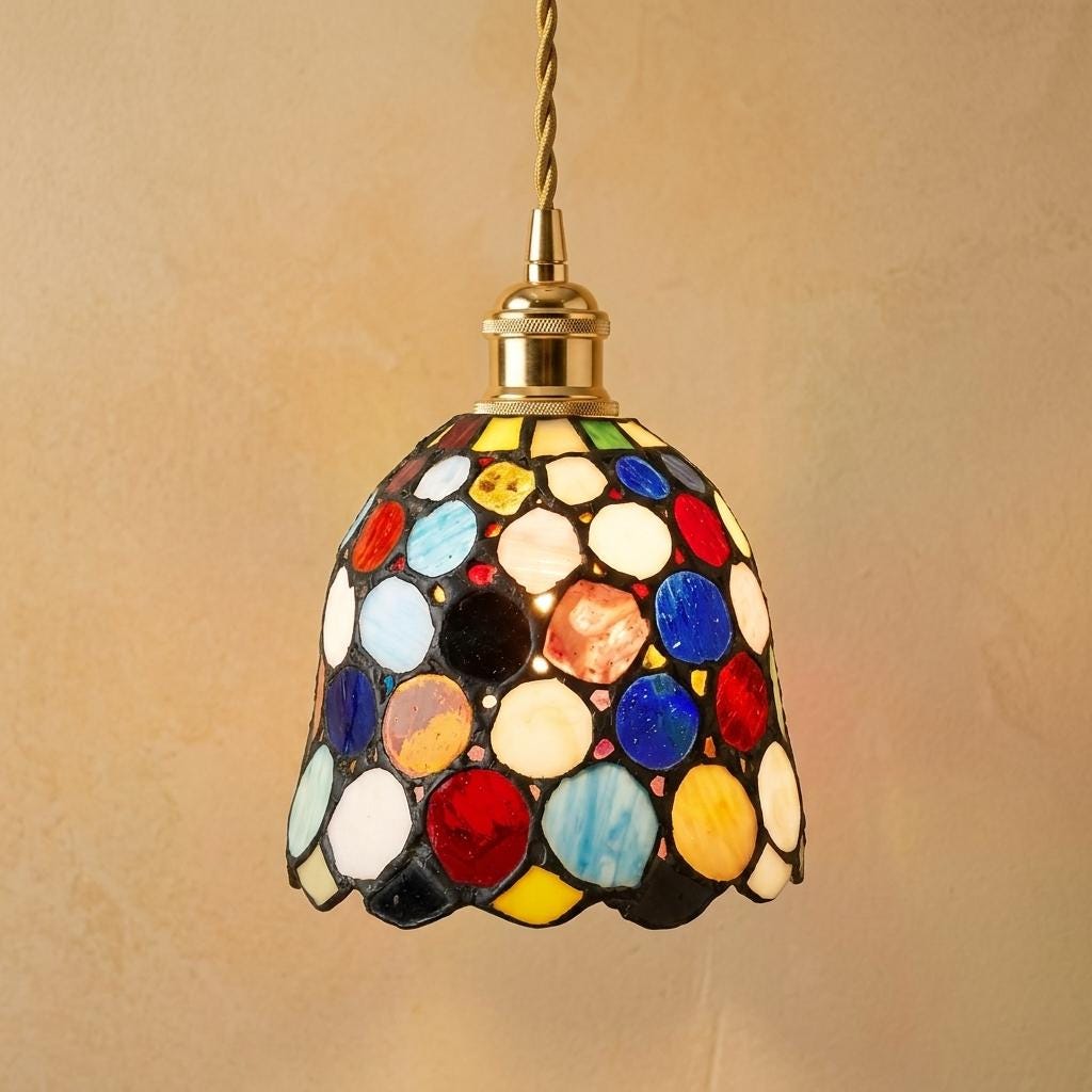 Handmade Multicolor Dot Tiffany-Inspired Pendant Light with Scalloped Dome by AuroraeGlass