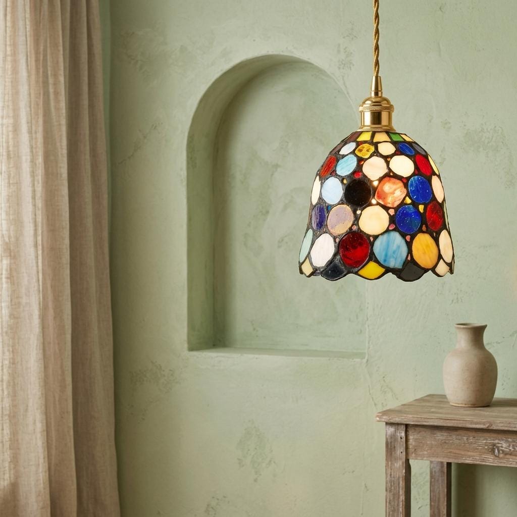 Handmade Multicolor Dot Tiffany-Inspired Pendant Light with Scalloped Dome - view 6