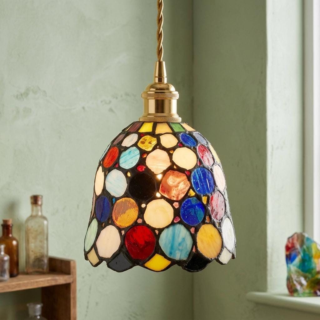 Handmade Multicolor Dot Tiffany-Inspired Pendant Light with Scalloped Dome - view 10