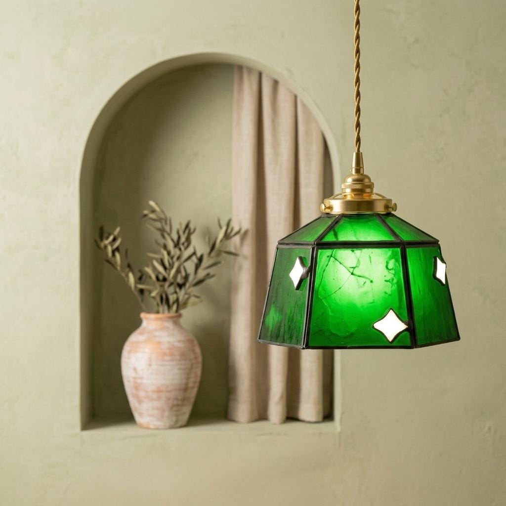 Handmade Dark Green Bell Tiffany-Inspired Pendant Light with White Diamond Motifs and Dark Frame - view 5