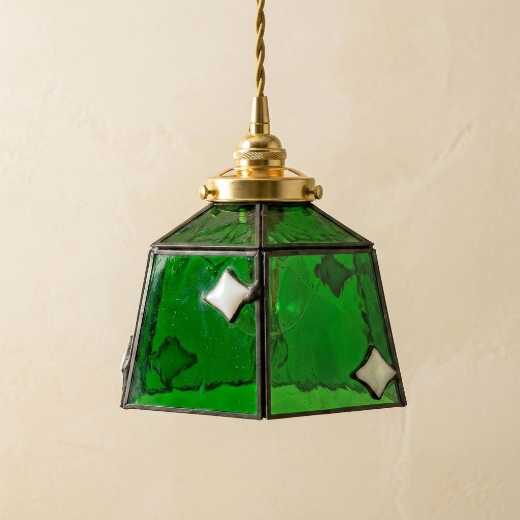 Handmade Dark Green Bell Tiffany-Inspired Pendant Light with White Diamond Motifs and Dark Frame - view 4