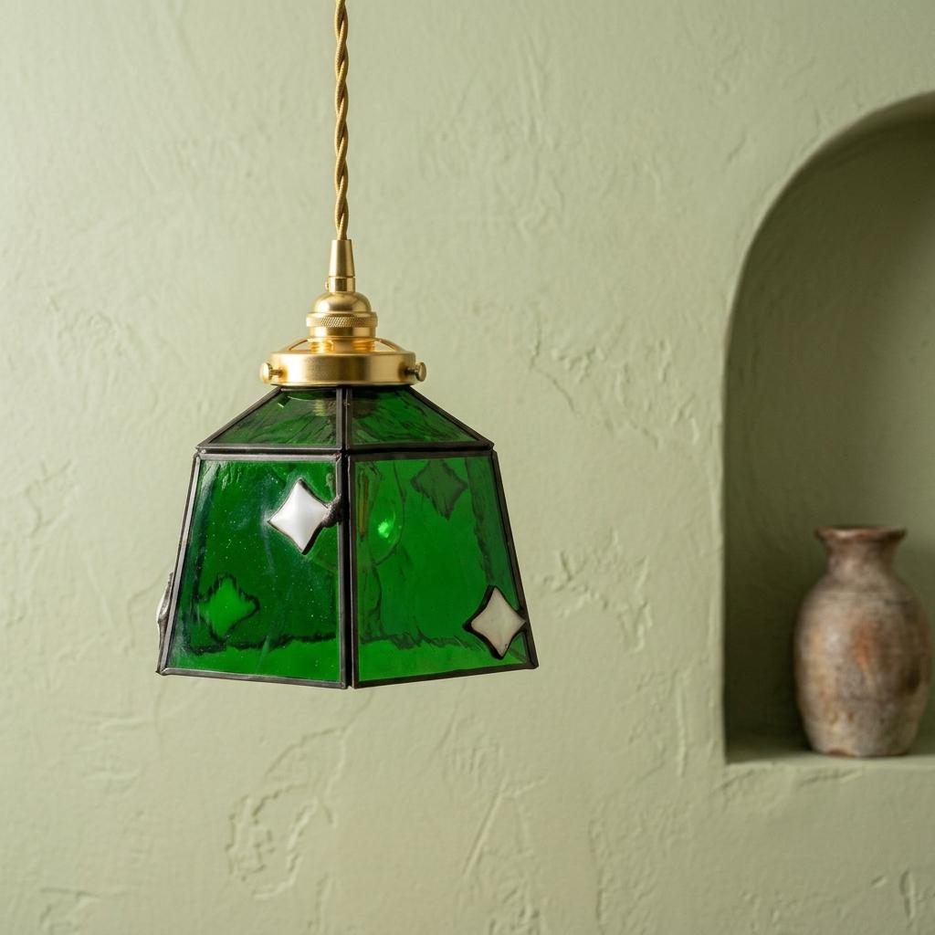 Handmade Dark Green Bell Tiffany-Inspired Pendant Light with White Diamond Motifs and Dark Frame - view 6