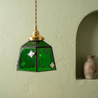 Handmade Dark Green Bell Tiffany-Inspired Pendant Light with White Diamond Motifs and Dark Frame - view 6