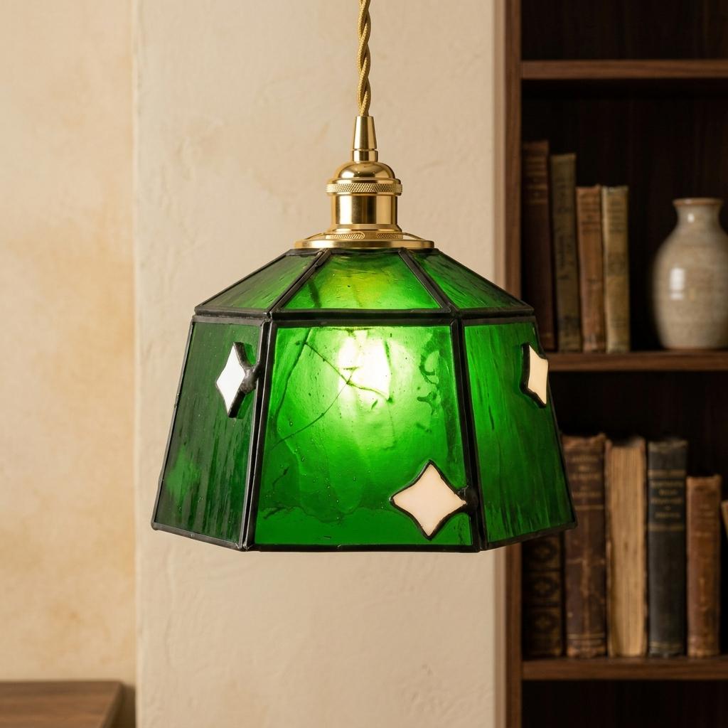 Handmade Dark Green Bell Tiffany-Inspired Pendant Light with White Diamond Motifs and Dark Frame - view 9