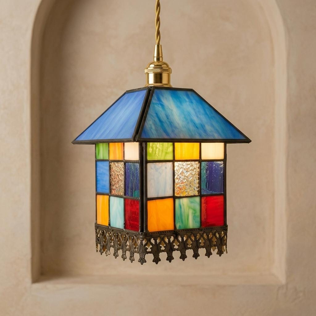 Handmade Blue-Roof House Tiffany-Inspired Pendant Light with Multicolor Panels and Dark Lower Edge - view 10