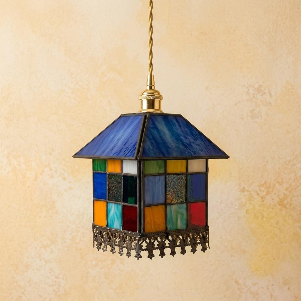 Handmade Blue-Roof House Tiffany-Inspired Pendant Light with Multicolor Panels and Dark Lower Edge - view 5