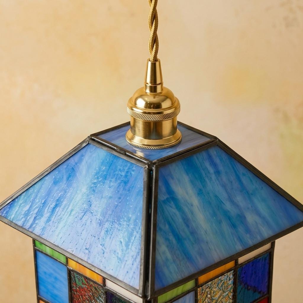 Handmade Blue-Roof House Tiffany-Inspired Pendant Light with Multicolor Panels and Dark Lower Edge - view 4