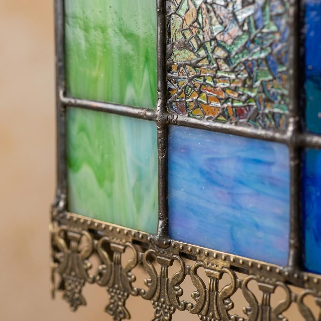 Handmade Blue-Roof House Tiffany-Inspired Pendant Light with Multicolor Panels and Dark Lower Edge - view 2