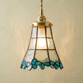 Handmade Blue Leaf Tiffany-Inspired Pendant Light with Tall Bell Shape and Scalloped Edge by AuroraeGlass