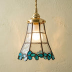 Handmade Blue Leaf Tiffany-Inspired Pendant Light with Tall Bell Shape and Scalloped Edge by AuroraeGlass