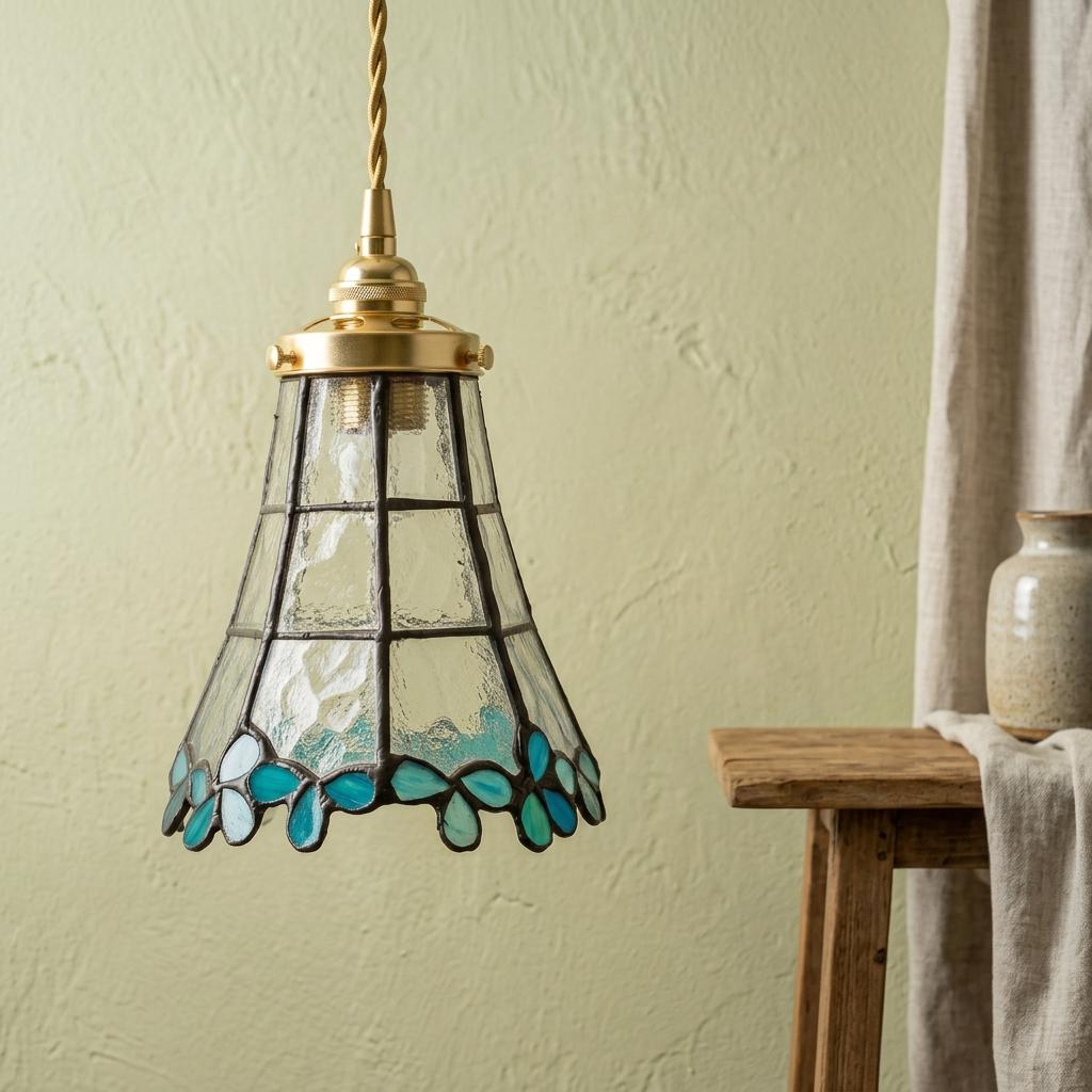 Handmade Blue Leaf Tiffany-Inspired Pendant Light with Tall Bell Shape and Scalloped Edge - view 7