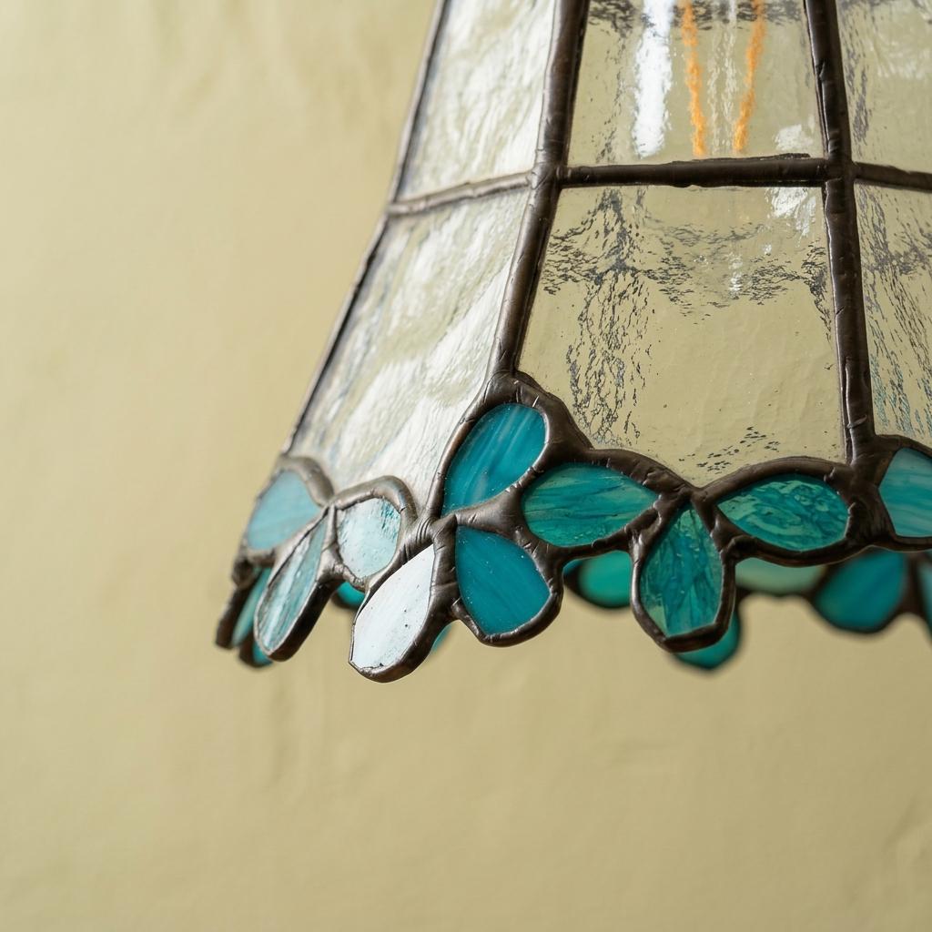 Handmade Blue Leaf Tiffany-Inspired Pendant Light with Tall Bell Shape and Scalloped Edge - view 3