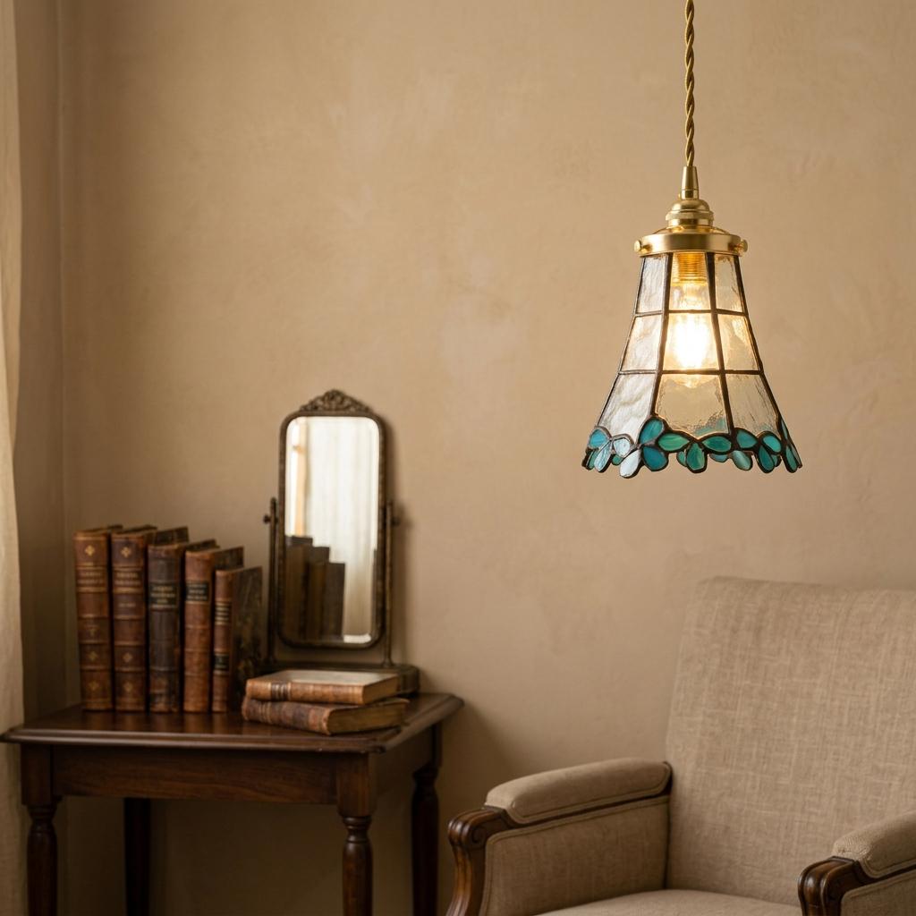 Handmade Blue Leaf Tiffany-Inspired Pendant Light with Tall Bell Shape and Scalloped Edge - view 8