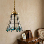 Handmade Blue Leaf Tiffany-Inspired Pendant Light with Tall Bell Shape and Scalloped Edge - view 9