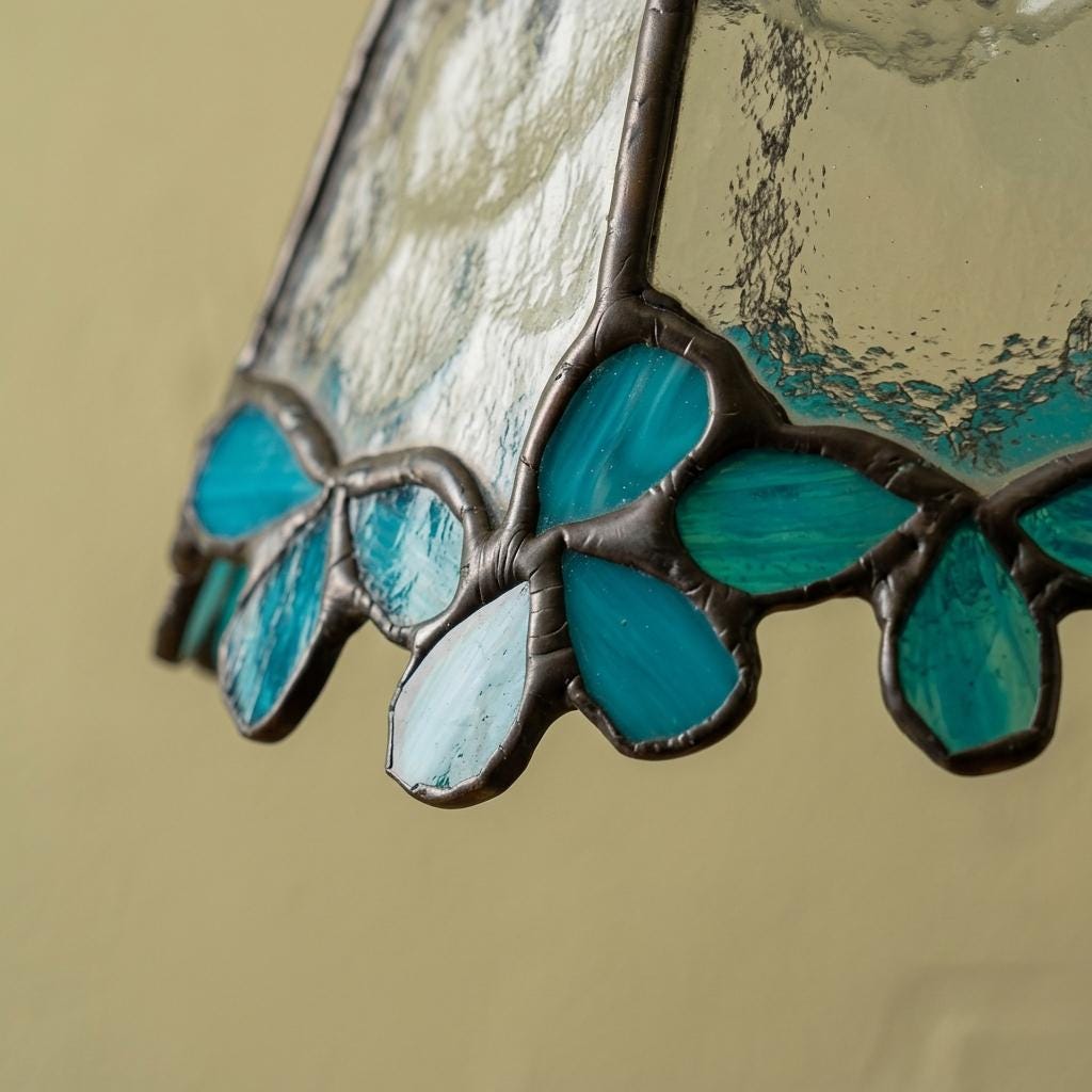 Handmade Blue Leaf Tiffany-Inspired Pendant Light with Tall Bell Shape and Scalloped Edge - view 2