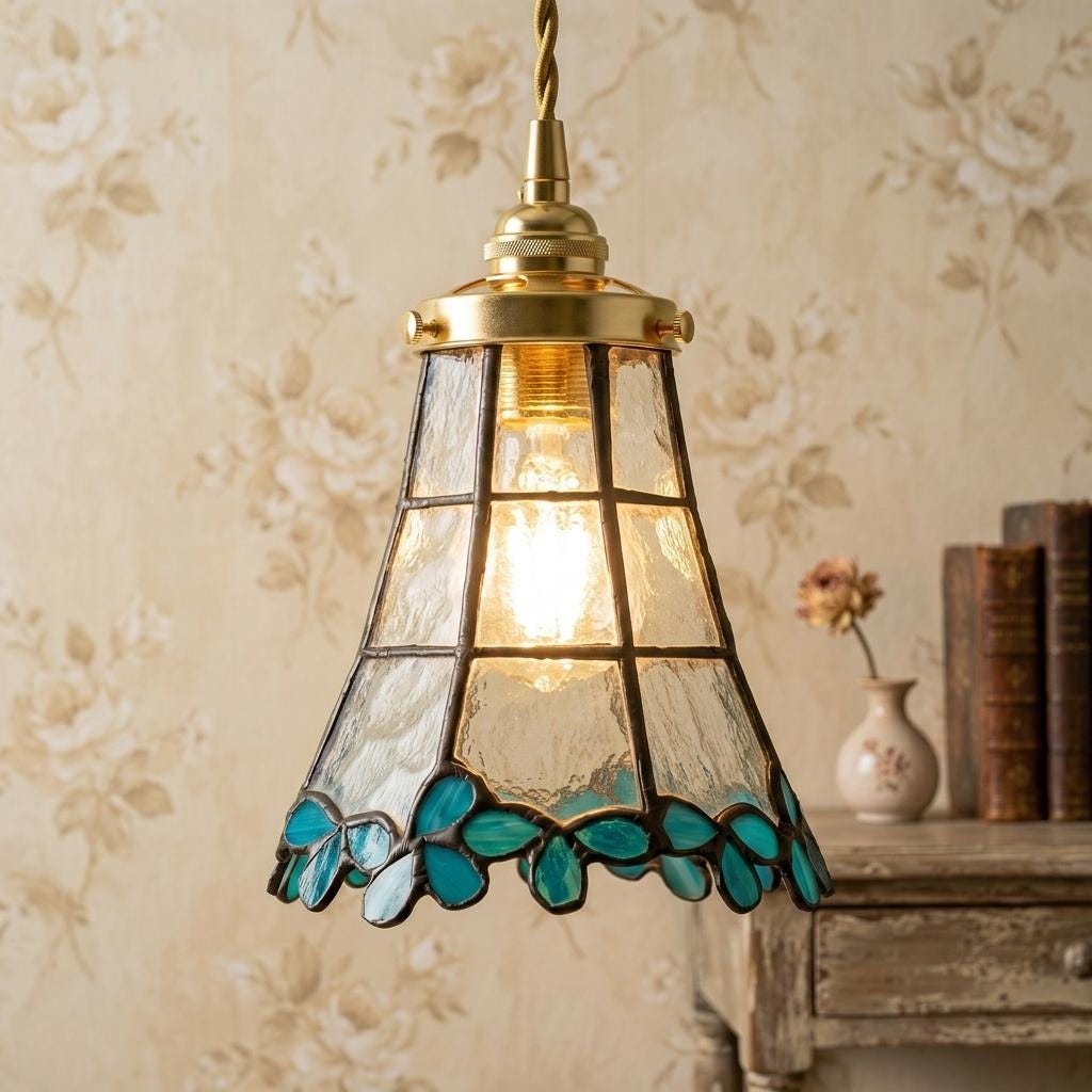 Handmade Blue Leaf Tiffany-Inspired Pendant Light with Tall Bell Shape and Scalloped Edge - view 10