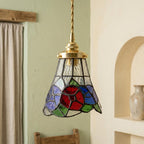 Handmade Red and Blue Floral Tiffany-Inspired Pendant Light with Multicolor Bell Panels - view 6