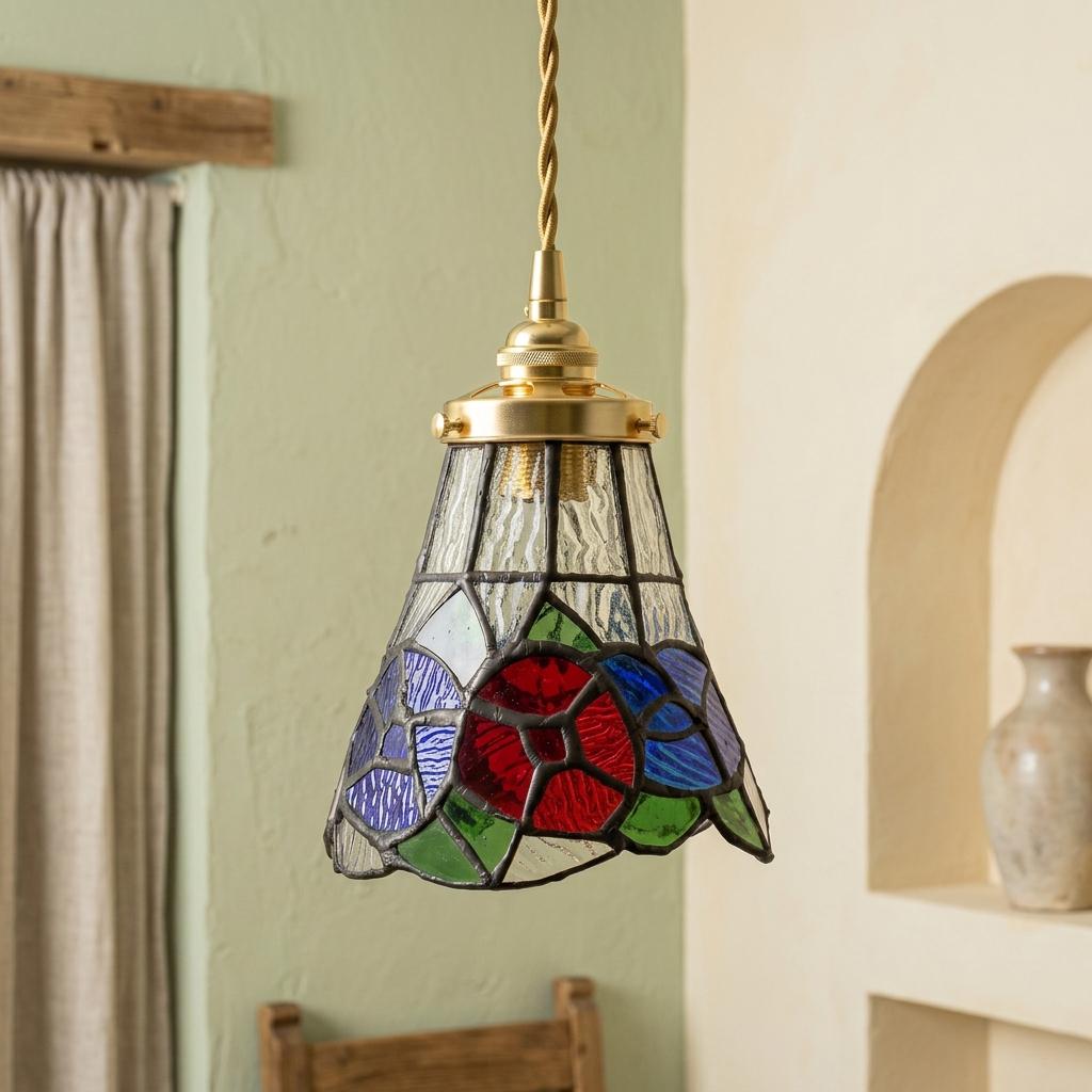 Handmade Red and Blue Floral Tiffany-Inspired Pendant Light with Multicolor Bell Panels - view 6