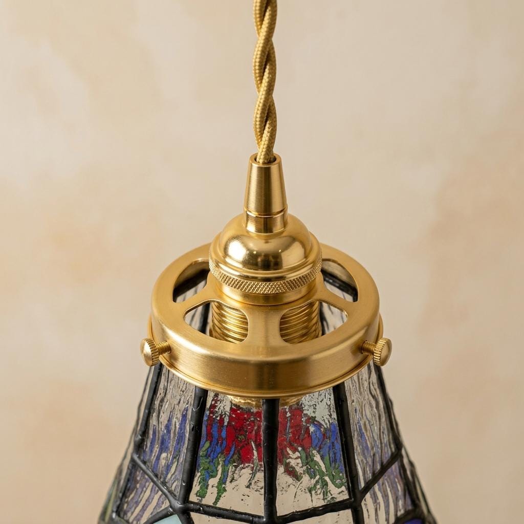 Handmade Red and Blue Floral Tiffany-Inspired Pendant Light with Multicolor Bell Panels - view 3