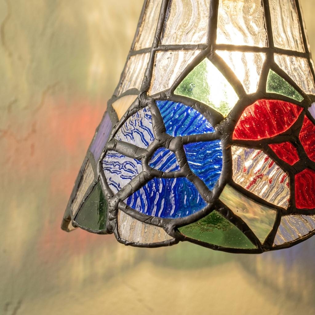 Handmade Red and Blue Floral Tiffany-Inspired Pendant Light with Multicolor Bell Panels - view 2
