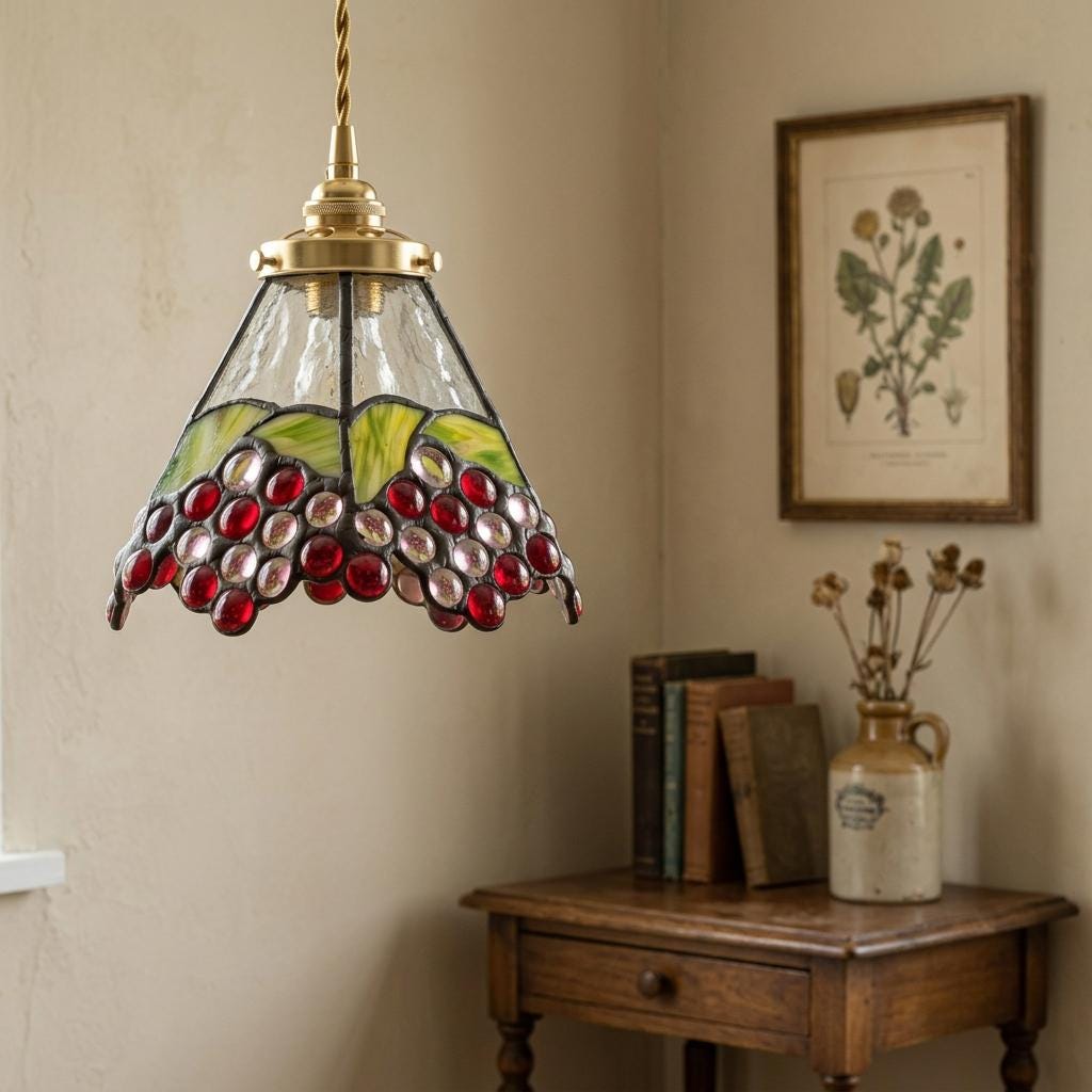 Handmade Grape-Inspired Tiffany-Inspired Pendant Light with Red and Purple Cluster Motifs - view 9