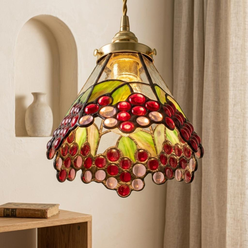 Handmade Grape-Inspired Tiffany-Inspired Pendant Light with Red and Purple Cluster Motifs - view 10