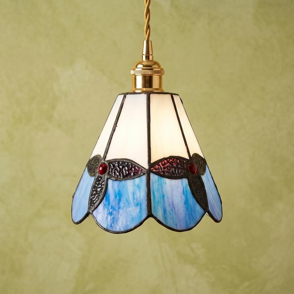 Handmade Blue and Cream Tiffany-Inspired Pendant Light with Leaf-Like Motif by AuroraeGlass