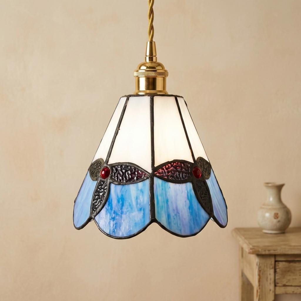 Handmade Blue and Cream Tiffany-Inspired Pendant Light with Leaf-Like Motif - view 10