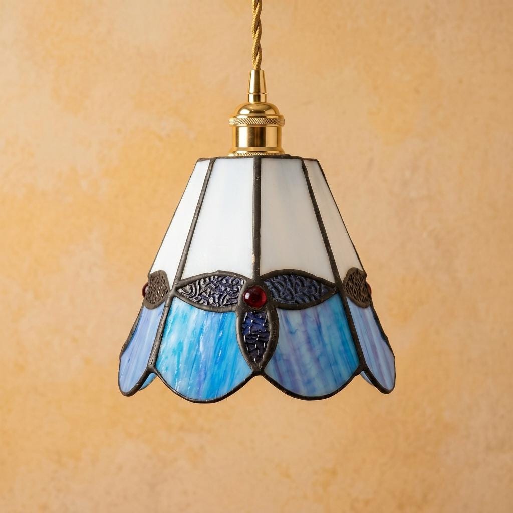Handmade Blue and Cream Tiffany-Inspired Pendant Light with Leaf-Like Motif - view 5