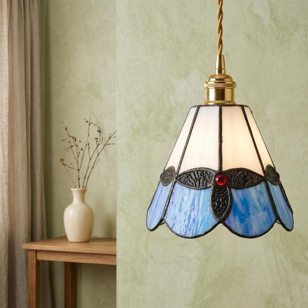 Handmade Blue and Cream Tiffany-Inspired Pendant Light with Leaf-Like Motif - view 6