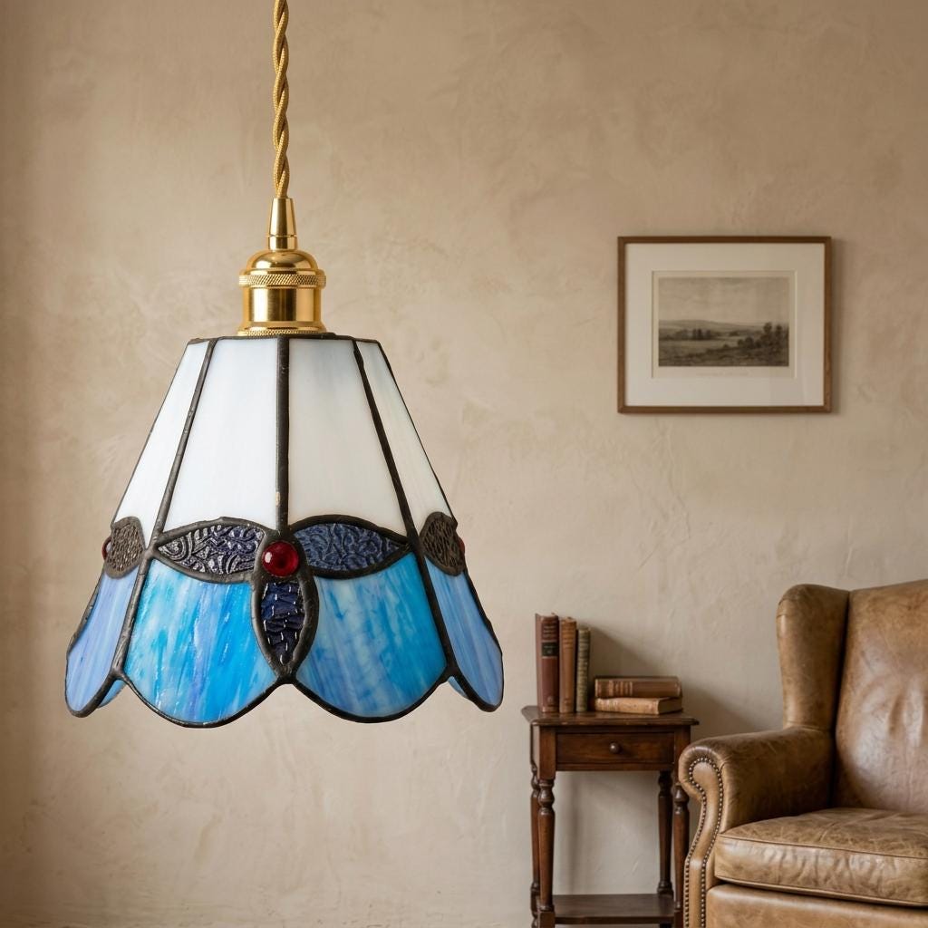 Handmade Blue and Cream Tiffany-Inspired Pendant Light with Leaf-Like Motif - view 9