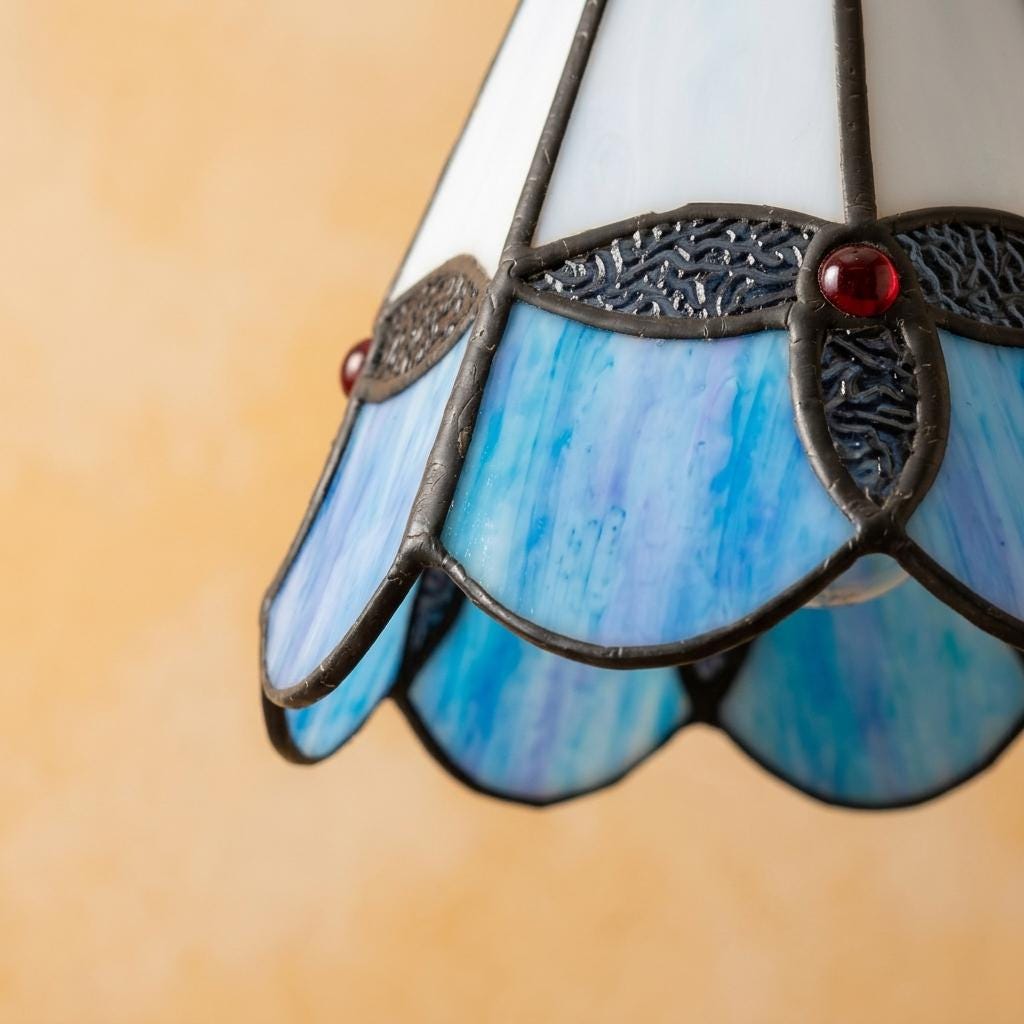 Handmade Blue and Cream Tiffany-Inspired Pendant Light with Leaf-Like Motif - view 3
