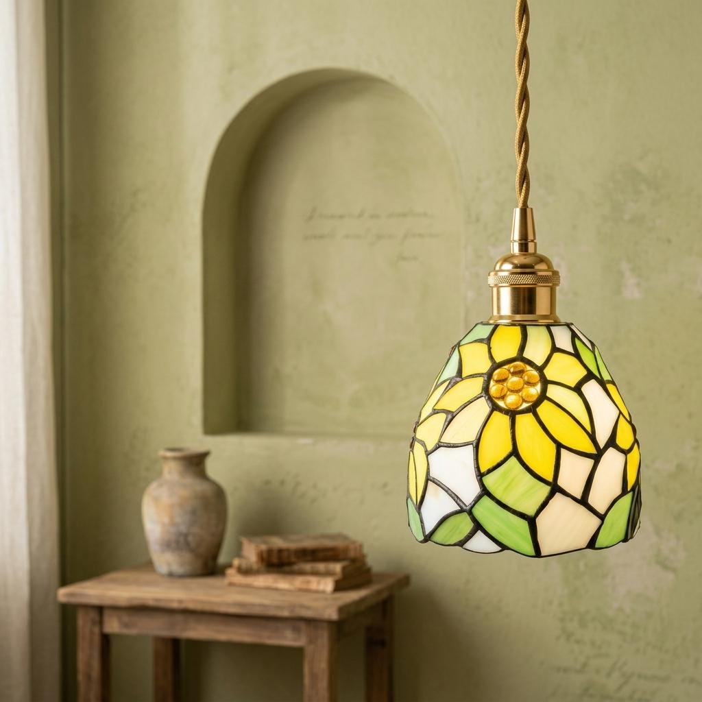 Handmade Yellow Floral Dome Tiffany-Inspired Pendant Light with Green Botanical Motifs - view 6
