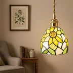 Handmade Yellow Floral Dome Tiffany-Inspired Pendant Light with Green Botanical Motifs - view 8